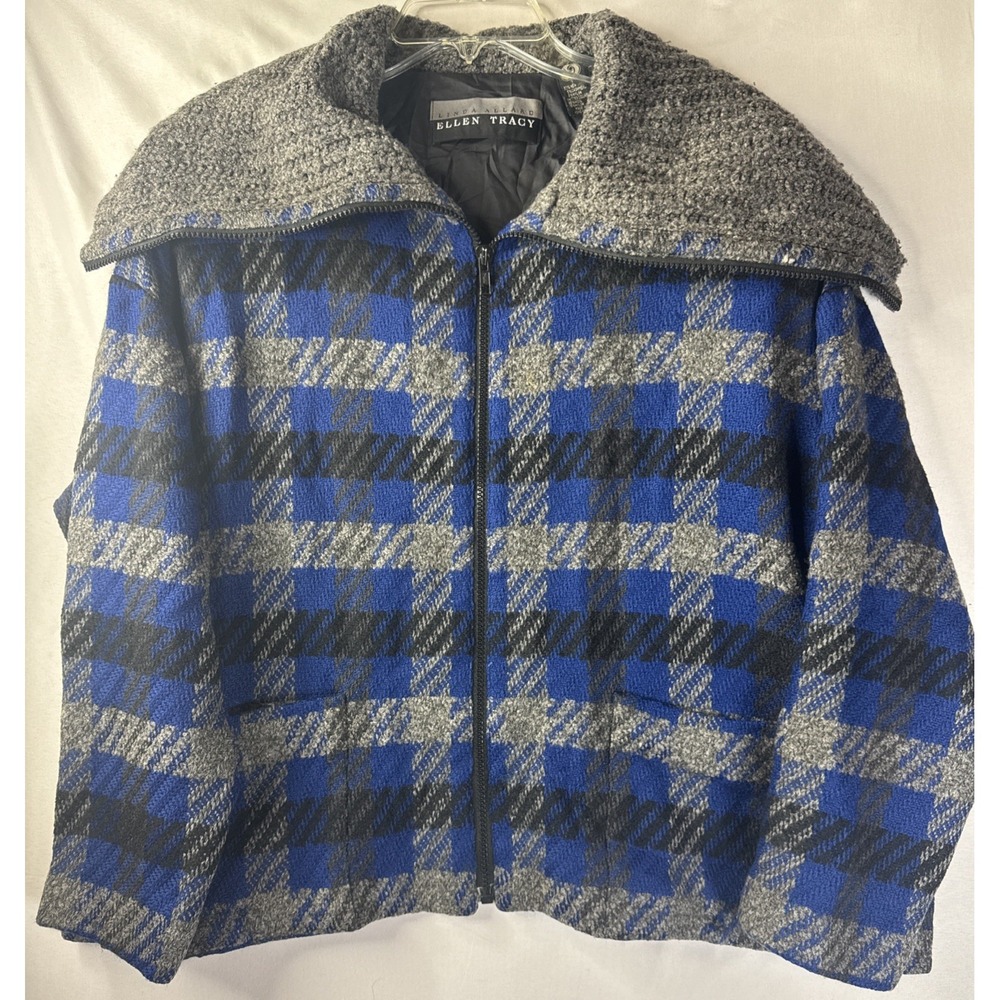 Ellen Tracy Wool Cashmere Coat Plaid Shawl Collar Knit Zip Blue Gray Tweed Sz 2